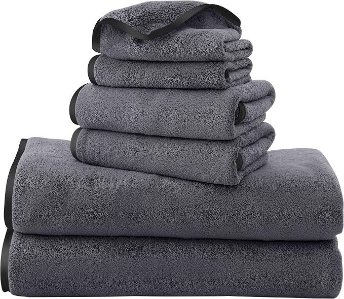 TENSTARS Luxury Silk Hemming Towel Set - Light Thin Quick Drying - 2 Bath Towels 2 Hand Towels 2 Washcloths - Ultra Soft Microfiber, for Bath Fitness, Sports, Yoga, Travel (Dark Grey 6 Pieces)
