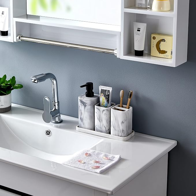 Toothbrush Holder for Bathrooms, White Marble Look Toothpaste and Makeup Holder, Brushes and Razors Holder, Vanity Bathroom Countertop Organizer, Toothbrush Cup