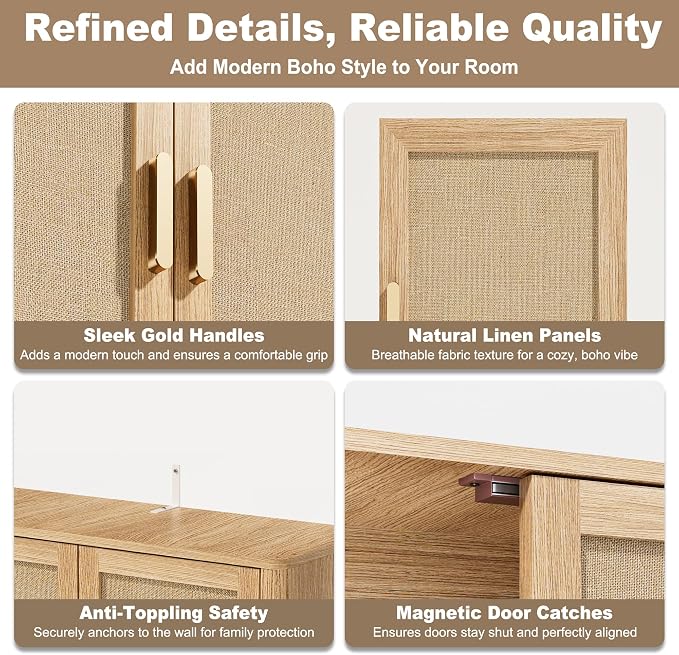 Over the Toilet Storage Cabinet, Bathroom Storage Cabinet with Rattan Doors, Bathroom Cabinet Over Toilet with Adjustable Shelf, Tall Freestanding Over Toilet Bathroom Organizer, Boho Natural Style