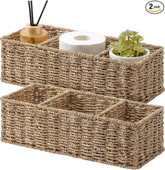 StorageWorks Wicker Toilet Basket Tank Topper, Seagrass Storage Baskets | Wicker Basket, Toilet Paper Storage for Back of Toilet Tank, Woven Baskets for Shelves, Wicker Baskets with 3 Compartments