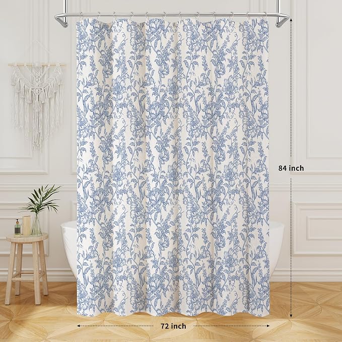 Blue Boho Linen Shower Curtain, Farmhouse Floral for Bathroom | Botanical floral print. Rustic farmhouse boho decor. Durable linen blend fabric. Machine washable for easy care. 72x84