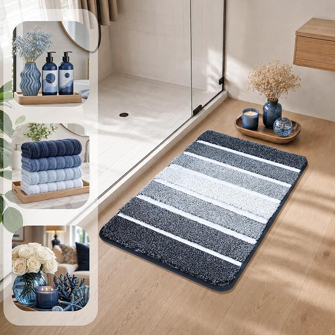 COSY HOMEER Bathroom Rugs 30x20, Ultra Soft Absorbent Bath Mat | Non-Slip TPR Backing Stays in Place, Machine Washable Bath Rug Shaggy Rug for Bathroom Floor, Dark Blue & White
