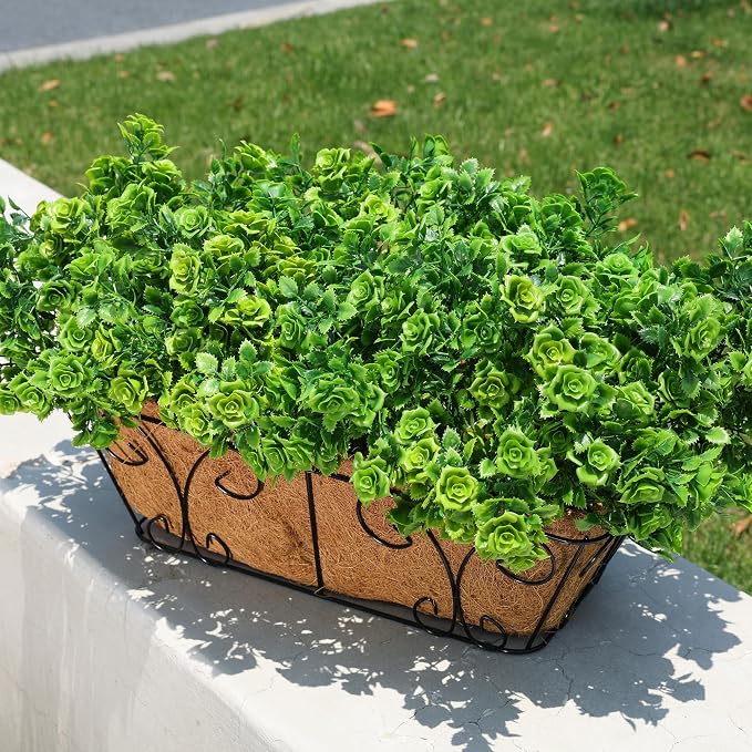 Artificial Plants for Outdoors Outside Spring Summer Decoration, 12 Bundles Faux Green Plastic Leaves Stems Bulk Fake Greenery Look Real UV Resistant for Home Porch Patio Planter Yard Wedding