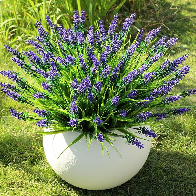 16PCS Artificial Flowers for Outdoors, Fake Lavender Plant, Purple | UV Resistant Fake Plants, Plastic, Filler for Hanging Baskets, Window Boxes & Planters, Porch, Patio Outdoor Decor