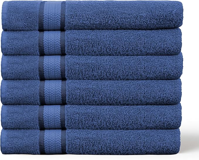 COTTON CRAFT Ultra Soft Hand Towels - 6 Pack 100% Ringspun Cotton Towel Set | Large 16x28 inch Blue Hand Towels with a Luxurious Rayon Border - Plush Absorbent 580 GSM Easy Care - Ideal for Everyday use