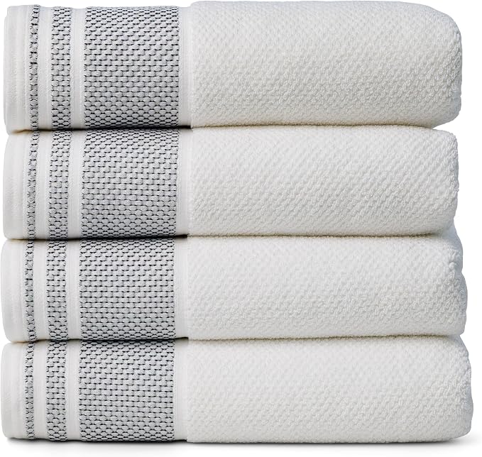 Texere 100% Organic Cotton Rice Weave Jacquard 700 GSM Luxury Bath Towel Sets - 4 Large Bath Towels (Rice Weave, BRT Wht w/Blk, 4 Bath Towels)