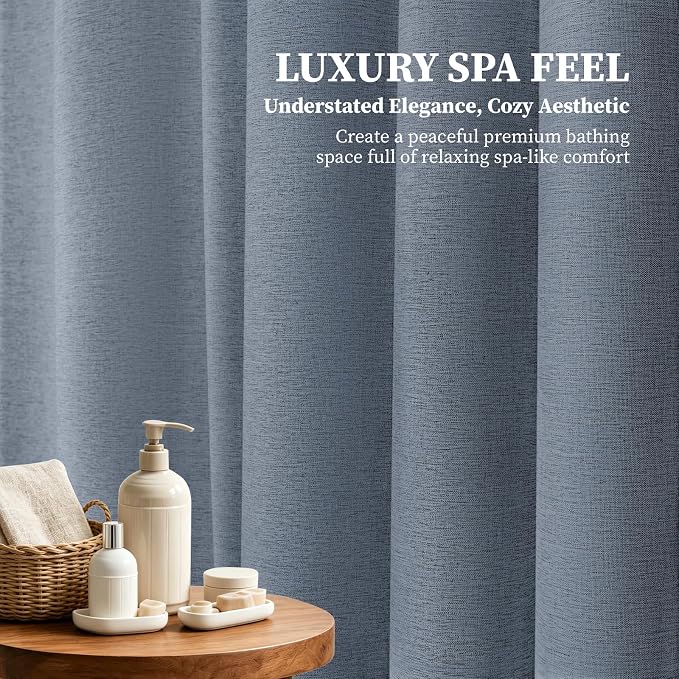 108x72 Linen Textured Waterproof Cloth Shower Curtain Set, Blue Grey | Extra Wide Size, 230GSM Polyester, Heavy Duty Fabric, Weighted Hem, 18 Plastic Hooks, Modern Hotel Style, Machine Washable