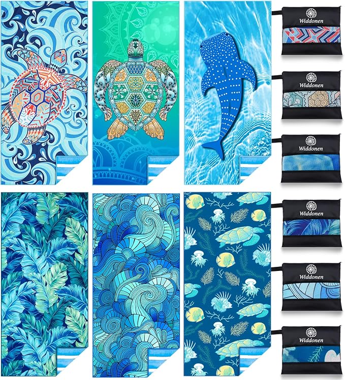 Widdonen Microfiber Beach Towel,Compact 6 Pack-71x32 Inch with Bag Travel | Extra Large,Lightweight,Thin,Sand Free,Quick Dry,Absorbent.Packable for Camping,Swim,Pool,Bath,Picnic,Cruise Essentials Gift