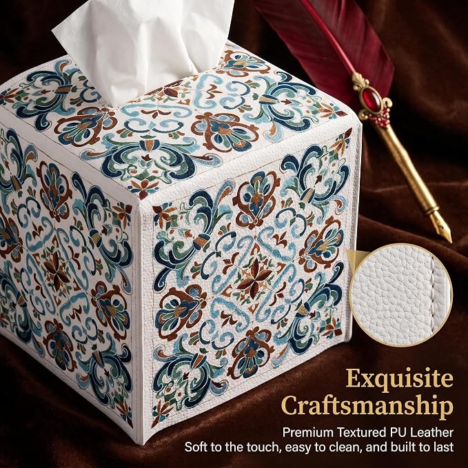 Tissue Box Cover Holder Square - Vintage Boho PU Leather Decorative Organizer, Ethnic Carpet Pattern Design Inspired, with Bottom Belt for Bathroom Car Office Tabletop Home, 5x5 Inch (Blue)