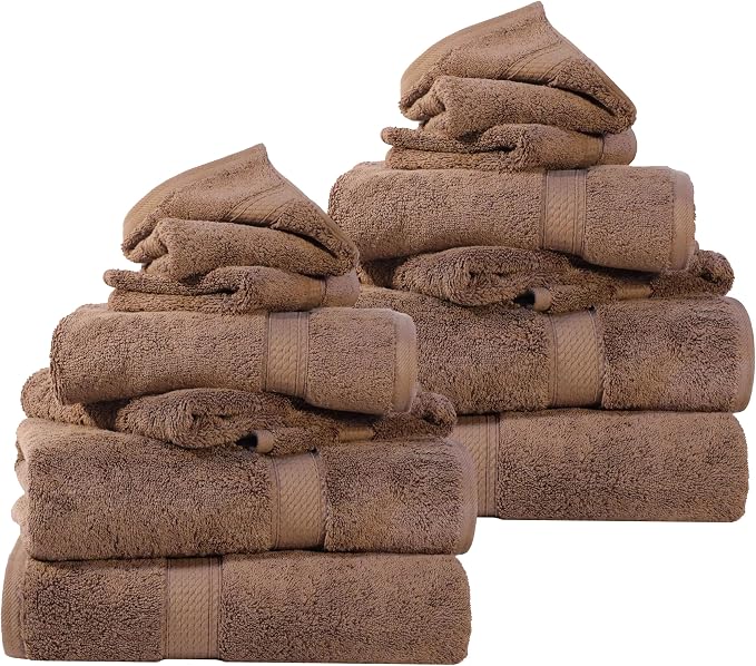 SUPERIOR Egyptian Cotton Ultra Plush & Absorbent, 12 Piece Set, Chocolate | Heavyweight 12 Pc Egyptian Cotton Towel Set Includes 4 Bath Towels 4 Hand Towels 4 Washcloths Decorative Rope Border