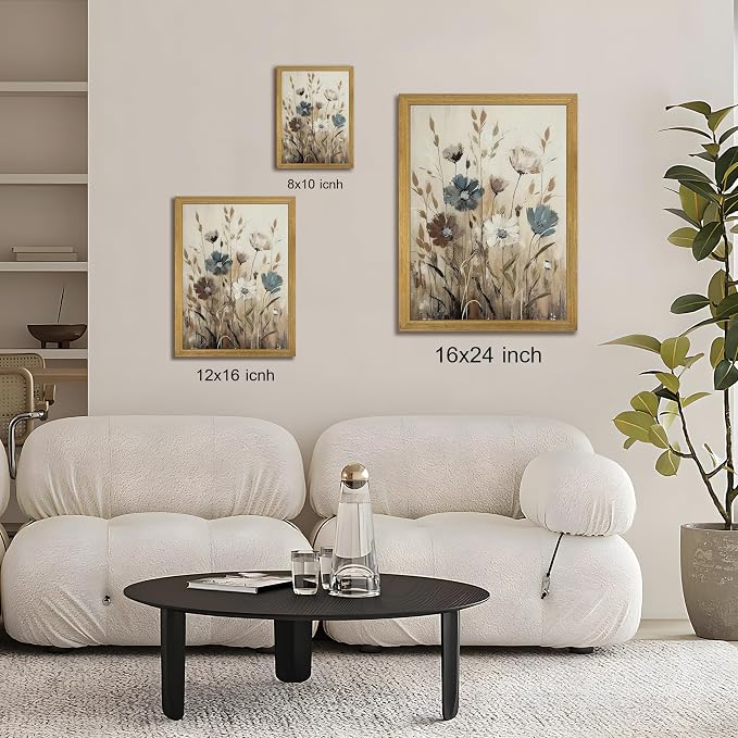 Yaneiro Wood Framed Vintage Wildflower Wall Art, Boho Canvas Wall Decor Paintings, Sage Flower Bathroom Decor, Countryside Farmhouse Landscape Posters Print for Bedroom Hallway Living Room 12x16 Inch