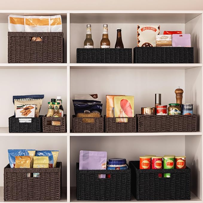 UBBCARE 3 Pack Wicker Basket, 13.4L×8.3H×7.1W inch Woven Paper Rope Storage Baskets for Shelves, Foldable Rectangular Storage Baskets with Handle, Storage Basket for Organizing, Black