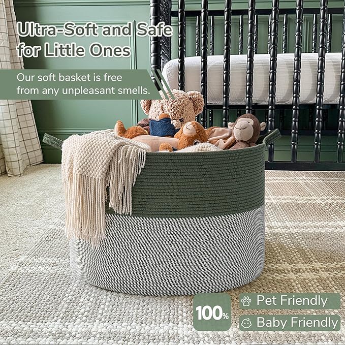 INDRESSME XXXLarge Woven Rope Blanket Basket Living Room Green, 90L | 21.7" x 13.8" Storage baskets for toys laundry & pillows. Fits living room, bedroom or nursery décor. Soft-touch with handles