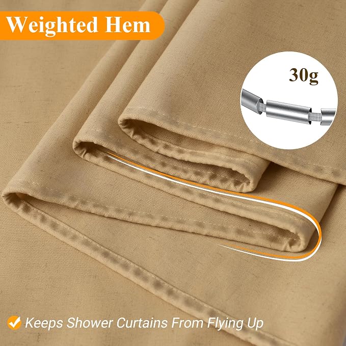Gold Yellow Linen Shower Curtain, Country Boho Farmhouse Bath Decor Shower Curtains Neutral Cloth Weighted Textured Fabric Bath Curtain Liner with Hooks, 72x80