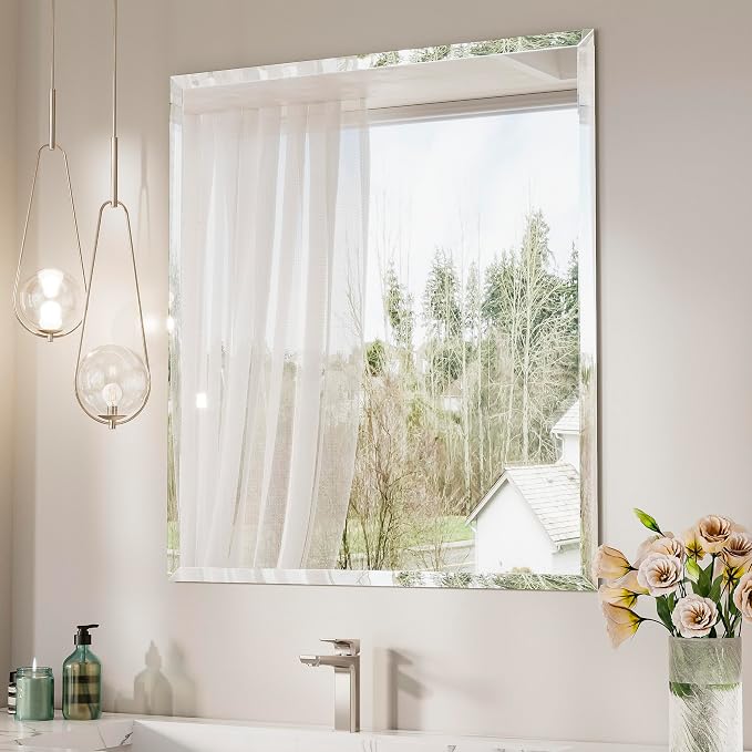 Keonjinn 30 x 36 Inch Frameless Bathroom Mirror with Beveled Edge | Rectangle Mirrors for Bathroom Sink, Shatterproof Wall Mirror, Modern Decorative for Entryway, Bedroom, Horizontal/Vertical
