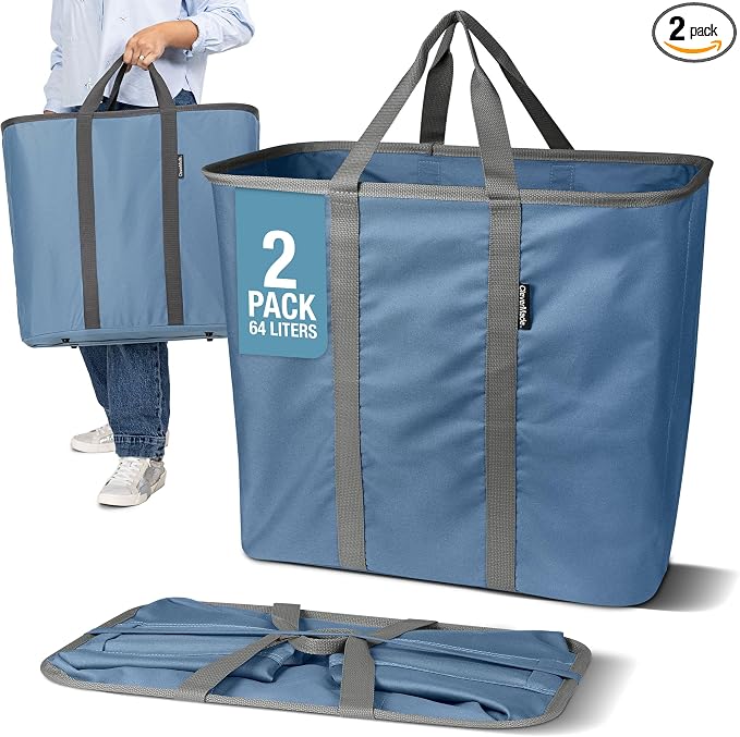 CleverMade Collapsible Laundry Caddy, 64L Pop-Up Hamper, 2 Pack, Denim Gray | Move 2 Full Loads Without Spills | Reinforced Rim and Base Stay Upright, While Soft Handles Ease Trips to the Washer