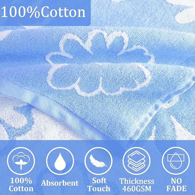 VOOVA & MOVAS Big Kids Hooded Poncho Towel, 8 Years UP,Blue Daisy | Fresh Blue Daisy Jacquard Print, Gentle Texture, 100% Cotton,High Absorbency & Fast Drying for All Water Activities