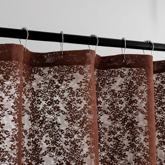 Chocolate Brown Shower Curtain 72x72, Vintage Lace with Attached Valance | Brown Lace Shower Curtain with Scalloped, Floral Trim, Lets in Soft Light for Rustic, Boho and Moody Bathroom Decor