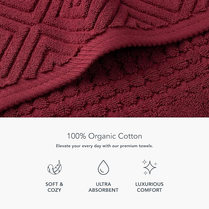 Texere 100% Organic Cotton Diamond Jacquard 700 GSM Luxury Bath Towel Sets - Ultra Soft and Absorbent Hotel and Spa Quality (Diamond, Merlot, 2 Bath Towels)