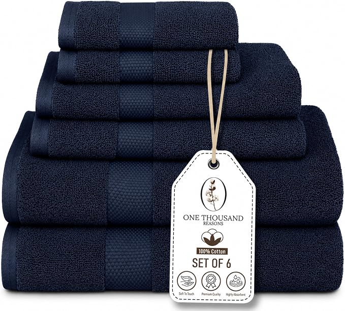 Premium Staple Cotton Bathroom Towel Set - Navy 600 GSM 6-Piece Luxury Bath Towel Set 1 Stripe - 2 Bath Towels, 2 Hand Towels & 2 Washclothes Set - High Absorbent & Quick Dry for Gym, Spa, Hotel
