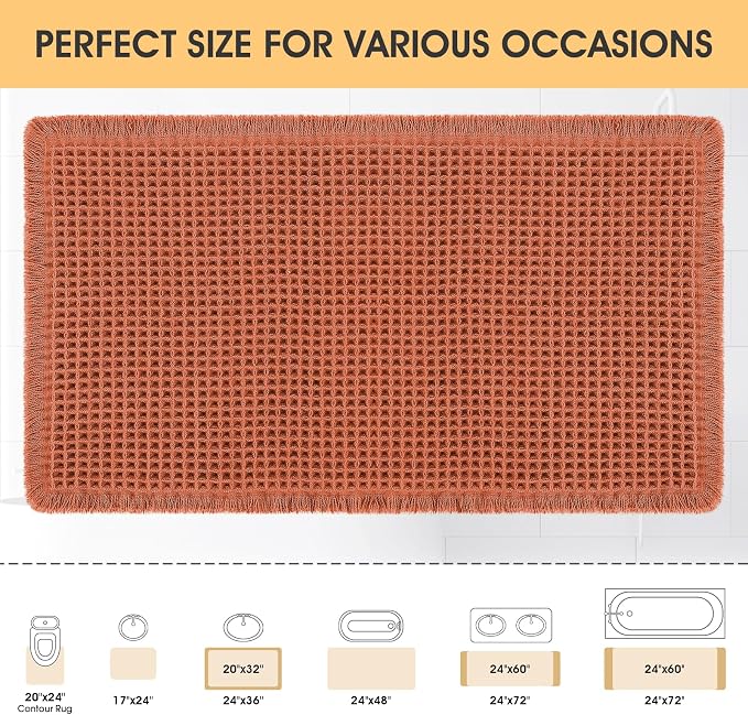 Waffle Bath Mat Burnt Orange 32"x20", Boho Woven Modern Bath Mat Rugs, Absorbent Non Slip Bathroom Rugs, Soft Washable Bath Rugs with Tassels for Bedroom, Kitchen, Shower, Tub