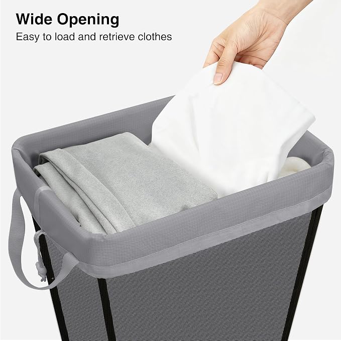 STO STO 75L Laundry Hamper, Space Saving Freestanding Clothes Basket with Iron Frame, Dirty Clothes Storage Bin with Removable Washable Liner for Bedroom, Bathroom, Dorm, Closet, Apartment, Gray