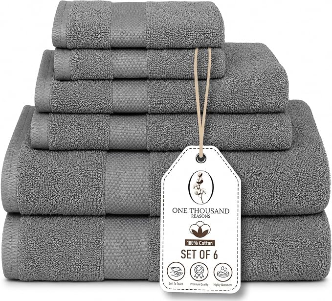 Premium Staple Cotton Bathroom Towel Set - Gray 600 GSM 6-Piece Luxury Bath Towel Set 1 Stripe - 2 Bath Towels, 2 Hand Towels & 2 Washclothes Set - High Absorbent & Quick Dry for Gym, Spa, Hotel