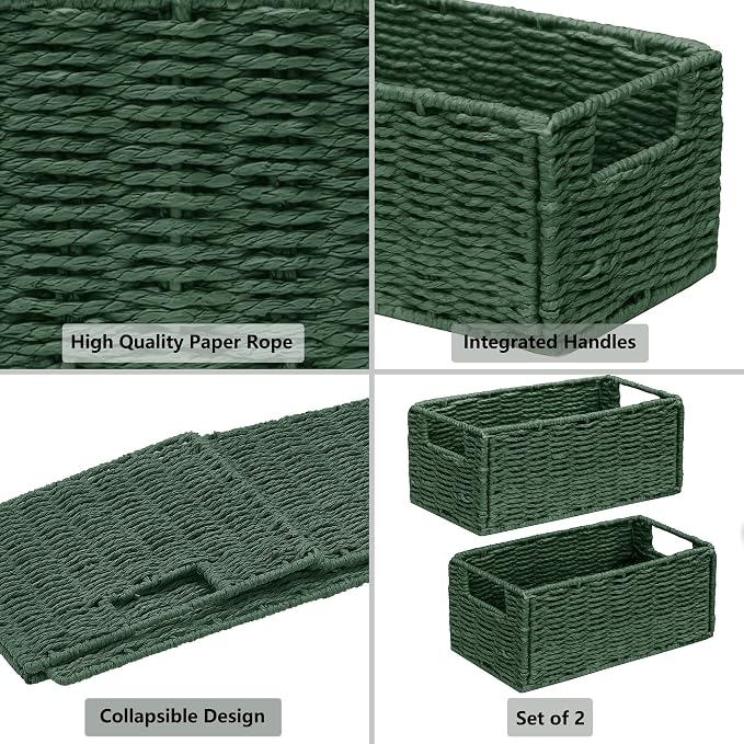 Wicker Storage Basket, Set of 2 Hand-Woven Paper Rope Wicker Basket, Small Storage Baskets for Organizing Toilet Paper, Foldable Small Cube Organizer Bins for Shelves and Bathroom (Green)