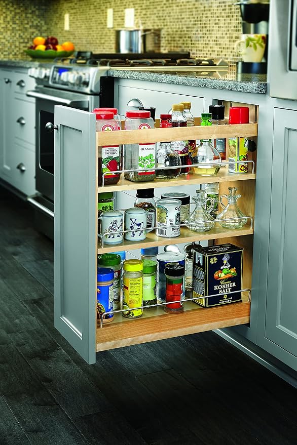 Rev-A-Shelf Maple Pullout Organizer w/Blum Soft-Close for Base Cabinets, Full Extension Slides & Adjustable Shelves, Min Opening Width of 8.5", 448-BCSC-8C