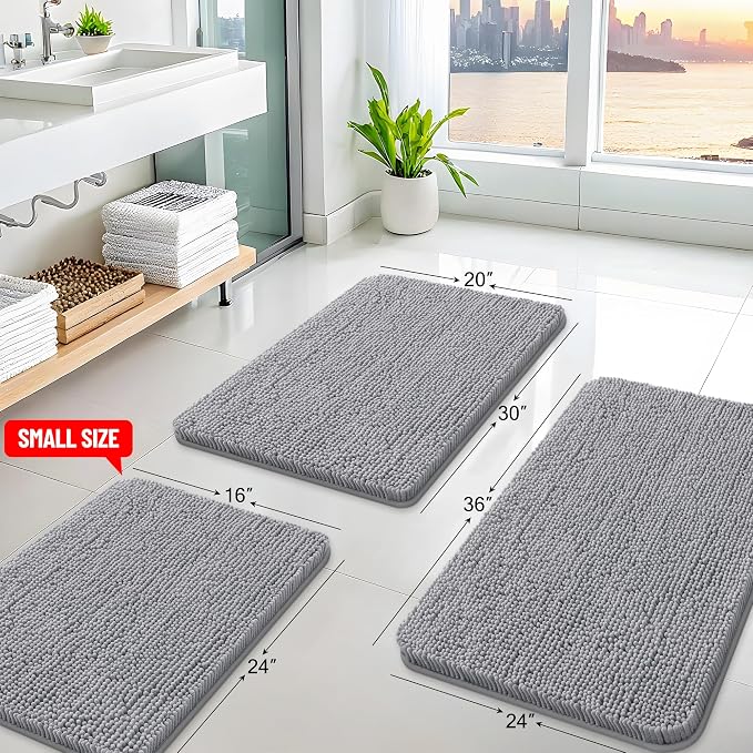 Arotive Bathroom Rugs 47x17, Soft Absorbent Shaggy Chenille Bath Rugs | Grey, Machine Washable Rubber Backing Bath Mats for Bathroom Floor Tub and Shower Home Decor Accessories
