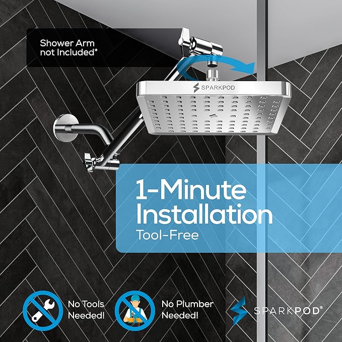 SparkPod Rain Shower Head, 8 Inch Square, Luxury Polished Chrome Finish | High Pressure Shower Heads, 90 Nozzles, Adjustable Showerhead, No Tools Needed, Universal Connection