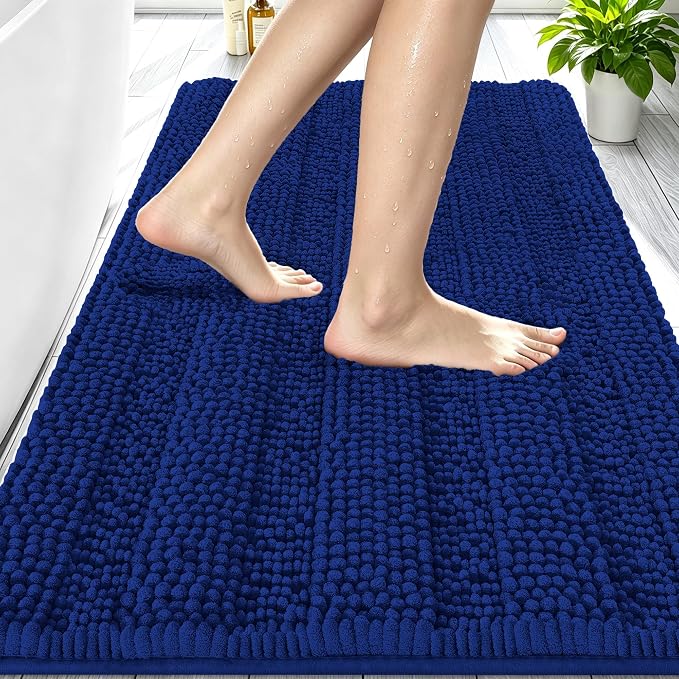Smiry Thick Chenille Bathroom Rugs 30x20, Soft Absorbent Bath Mat, Navy | Quick‑Dry & Machine Washable, Non‑Slip Bath Carpet, Striped Bath Rugs for Tub & Shower, Modern Home Decor Accessories