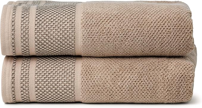 Texere 100% Organic Cotton Rice Weave Jacquard 700 GSM Luxury Bath Towel Sets - Ultra Soft and Absorbent Hotel and Spa Quality (Rice Weave, Oxford Tan, 2 Bath Towels)