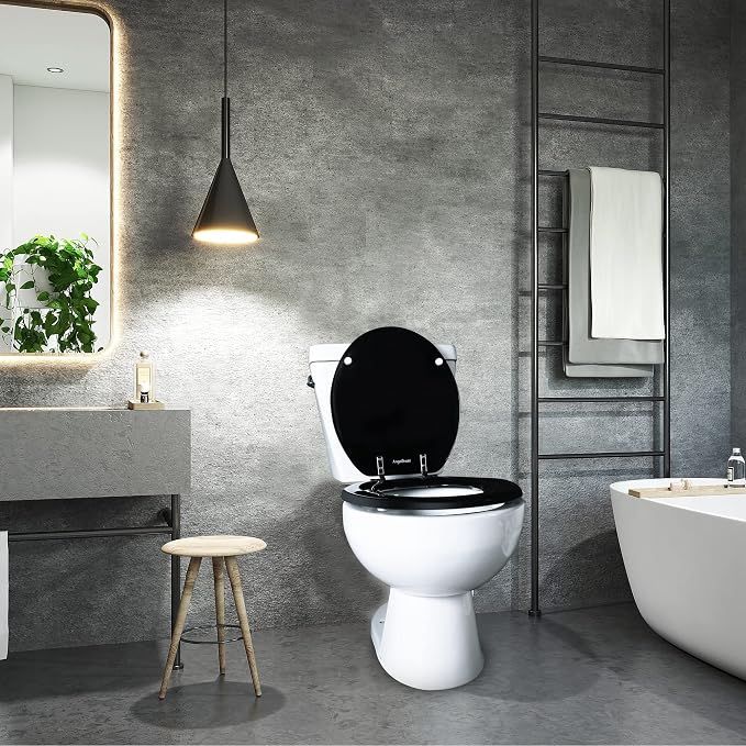 Angel Shield Round Toilet Seat Wood Molded UV Lid Soft Close | Quick Release Metal Hinges, Adjustable Fit for Standard Round Toilets, Easy Install&Clean(Black)