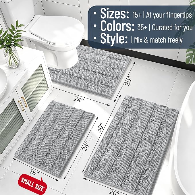 Smiry Thick Chenille Bathroom Rugs 30x20, Absorbent Bath Mat, Light Grey | Quick‑Dry & Machine Washable, Non‑Slip Bath Carpet, Soft Striped Bath Rugs for Tub & Shower, Modern Home Decor Accessories