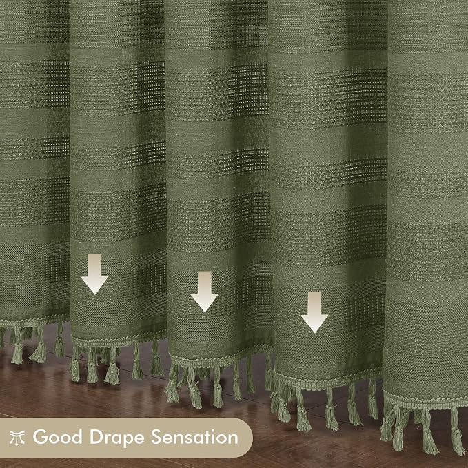 Extra Long Boho Shower Curtain 84 Inch Long, Modern Farmhouse Heavy Duty Linen Textured Soft Fabric, Rustic Country Cloth Shower Curtain with Tassel for Bathroom Hotel, 72Wx84L, Sage Green