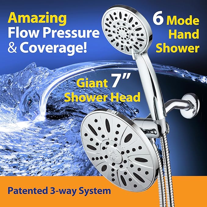 AquaDance 7" Premium High Pressure 3-way Rain & Handheld Shower Head Combo | Enjoy Luxury 7-inch Showerhead & 6-mode Hand Shower Separately or Together! Premium Stainless Steel Hose - Chrome