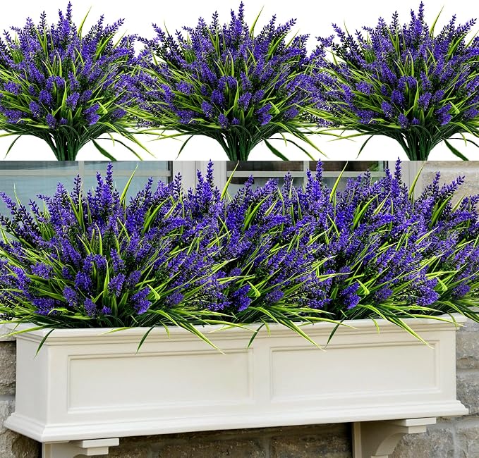 48 Bundles Artificial Lavender Flowers Outdoor UV Resistant, Purple | Faux Plants with Monkey Grass, Realistic Plastic Flowers for Garden Porch Window Box Patio Hanging Planter Decor