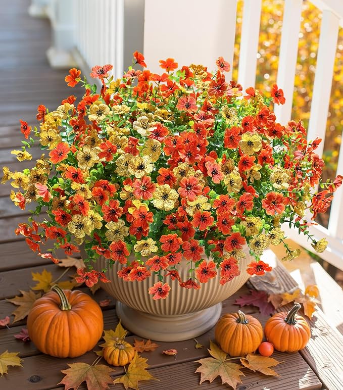 Artificial Fall Flowers Faux Mums for Outdoor Indoor Garden Home Decoration, Faux Flower Daisy with Eucalyptus Leaves Fake Mums Plants Greenery Boxwood Porch Patio, 12 Bundles (OrangeYellow)