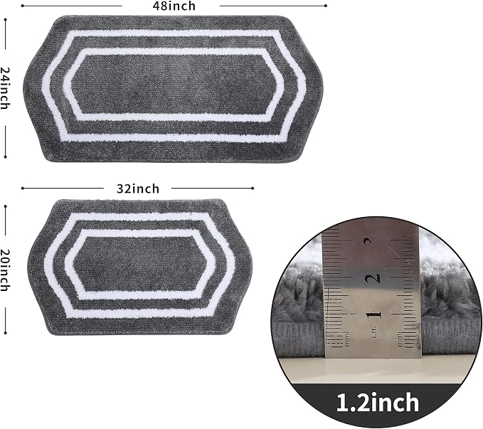 COSY HOMEER Non-Slip Bath Mats Extra Thick Absorbent Plush Washable | 20"x32"+24"x48" White/Grey Non-Slip Extra Thick Plush Absorbent Machine Washable Bath Mats Bathroom Rugs Floor Tub Shower