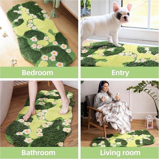 YIKUSH Moss Rug, Cute Green Plant Bath Mat with White Flowers, 43x20 Inch | Bathroom Decor Aesthetic, Soft Absorbent, Quick Dry, Machine Washable, Non Slip Bath Mat for Bedroom Shower Floor Home Decor