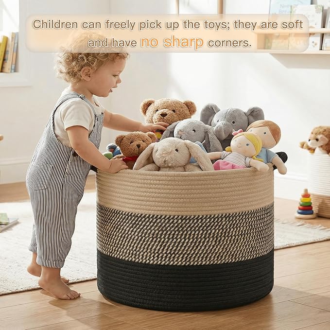 Artfeel 40L Large Cotton Rope Basket, Decorative Woven Blanket Storage for Living Room, Boho Toy Storage & Toy Box for Kids, Versatile Laundry Basket & Nursery Hamper for Blankets(BlackBrown)