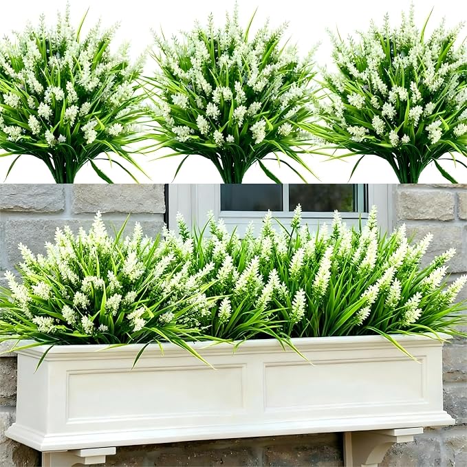 Geegoods 24 Bundles White Artificial Plants Flowers Outdoor, UV Resistant | Faux Plants with Monkey Grass, Realistic Plastic Flowers for Garden Porch Window Box Patio Hanging Planter Decor