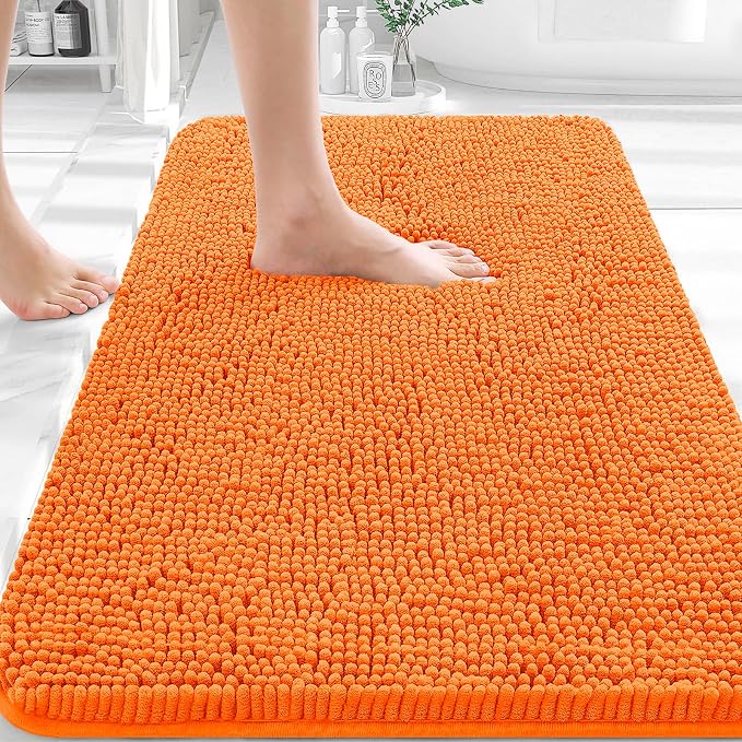 OLANLY Bathroom Rugs 32x20, Extra Soft Absorbent Chenille Bath Rugs | Orange, Quick-Drying Rubber Backing, Machine Washable Bath Mat for Bathroom Floor, Tub and Shower, Home Decor Accessories
