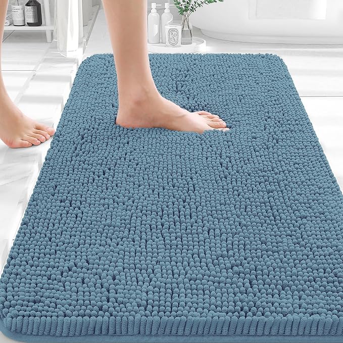 OLANLY Bathroom Rugs 35x24, Extra Soft Absorbent Chenille Bath Rugs | Airy Blue, Quick-Drying Rubber Backing, Machine Washable Bath Mat for Bathroom Floor, Tub and Shower, Home Decor Accessories