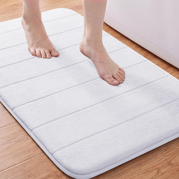 Yimobra Memory Foam Bath Mat, Super Soft Absorbent Bathroom Rug Non Slip 31.5x20 Inch, Quick Dry, Machine Washable Floor Carpet for Tub Shower, Home Decor Accessories, White