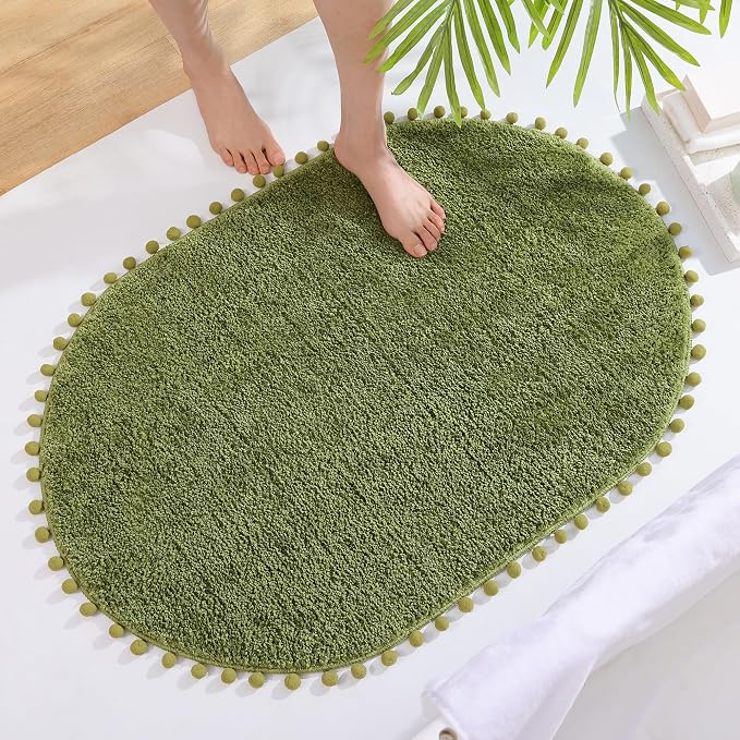 YIRDDEO Oval Rug for Bathroom, Boho Bath Mat with Pom, Olive Green, 36"x24" | Soft Plush, Absorbent, Quick Dry, Machine Washable, Non Slip Bath Mat for Bathroom Shower Floor Home Decor