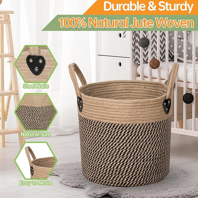 ZOES HOMEWARE Round Woven Basket with Handles,Natural Jute Rope 14"x12" | Large Blanket Basket for Living Room, Decorative Storage for Faux Olive Tree, Toys, Shoes & Throws, Boho Floor Basket Decor