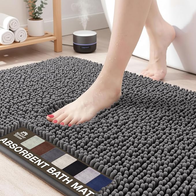 Neater Home Plush Bathroom Rugs 30x20 Thick Chenille Quick Dry Microfiber Absorbent Bath Mat, Soft Bath Rugs, Machine Washable Bathroom Floor Mat for Tub Shower Sink, Home Decor Accessories, Charcoal