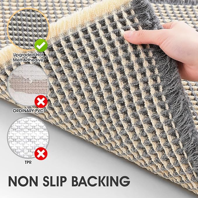 Waffle Bath Mat Grey & Beige 4'x2', Boho Woven Modern Bath Mat Rugs, Absorbent Non Slip Bathroom Rugs, Soft Washable Bath Rugs with Tassels for Bathroom, Bedroom, Kitchen, Shower, Tub